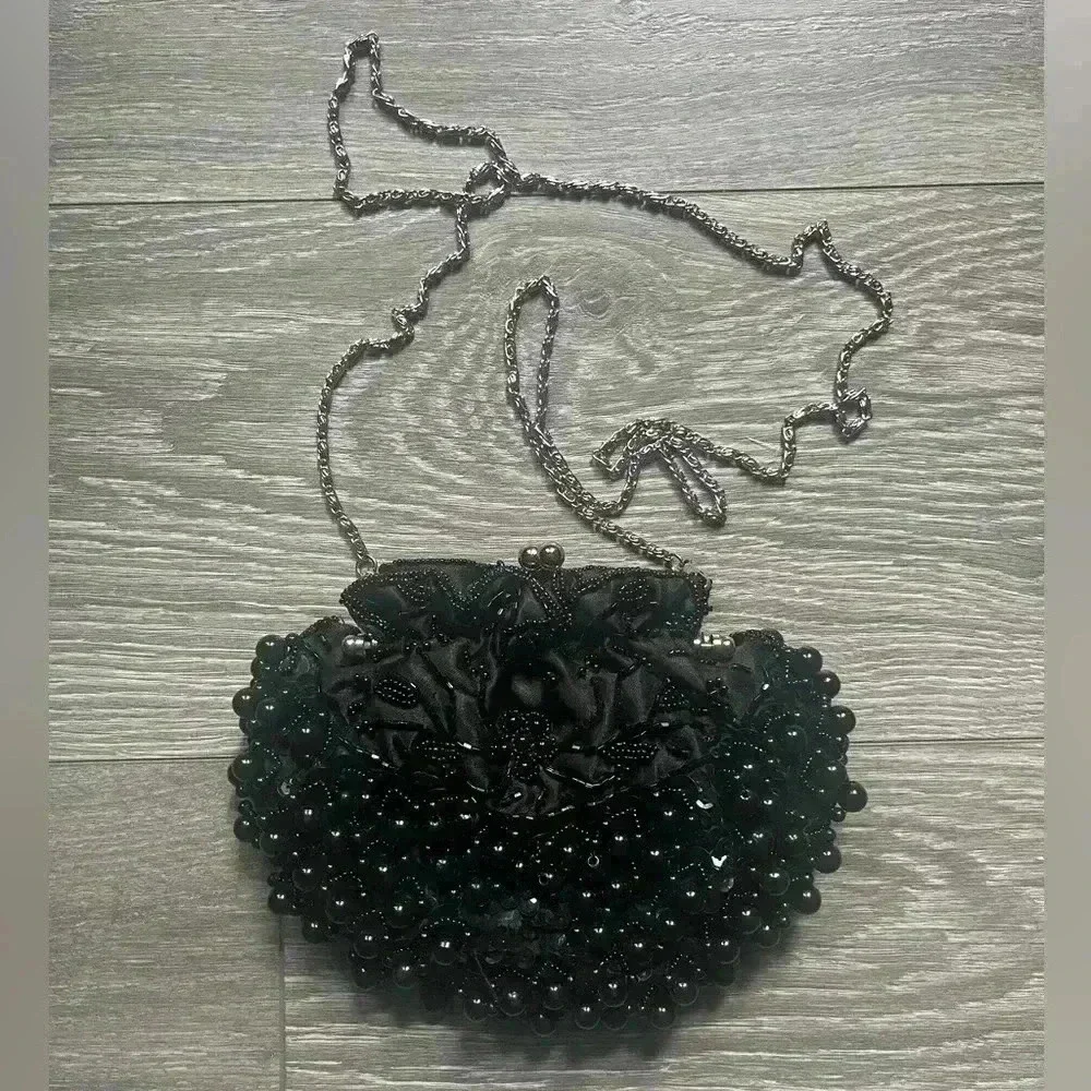 Vintage Style Black 20s Flapper Beaded Bag Removable Silver Strap Costume Party